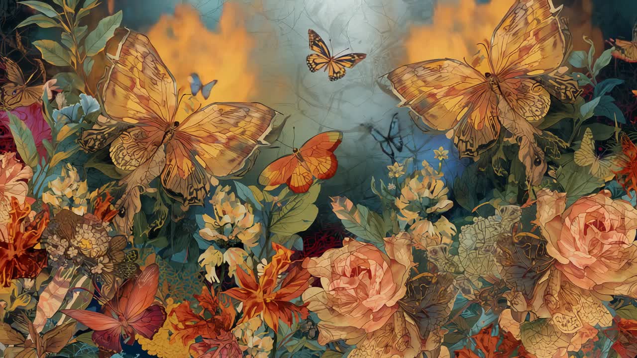 Flickering flames rising overtaking floral motifs while central orange butterfly fluttering above