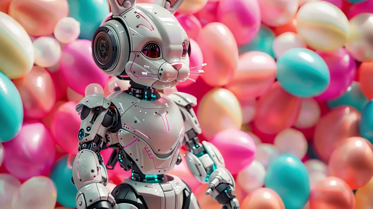 Robotic Easter Bunny surrounded by colorful eggs