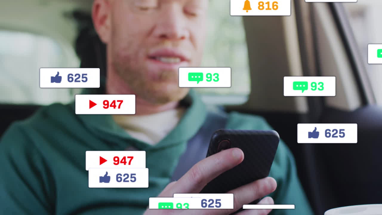 Male passenger holding smartphone inside car, showing floating social media icons for marketing