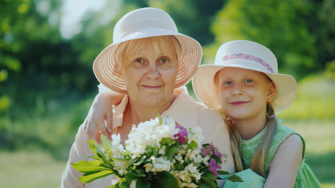 손녀와 함께 행복한 노부인의 초상화는 들꽃이 든 바구니를 들고