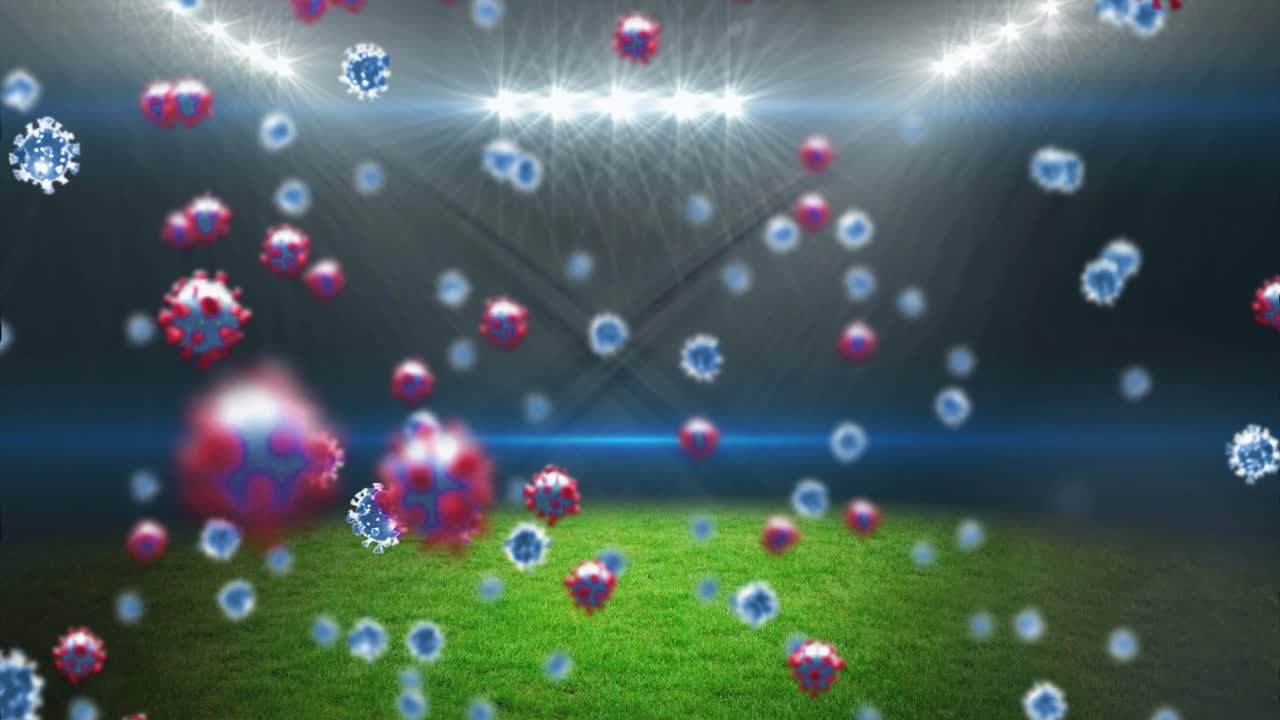 빈 스포츠 경기장 위의 코로나 19 세포의 애니메이션