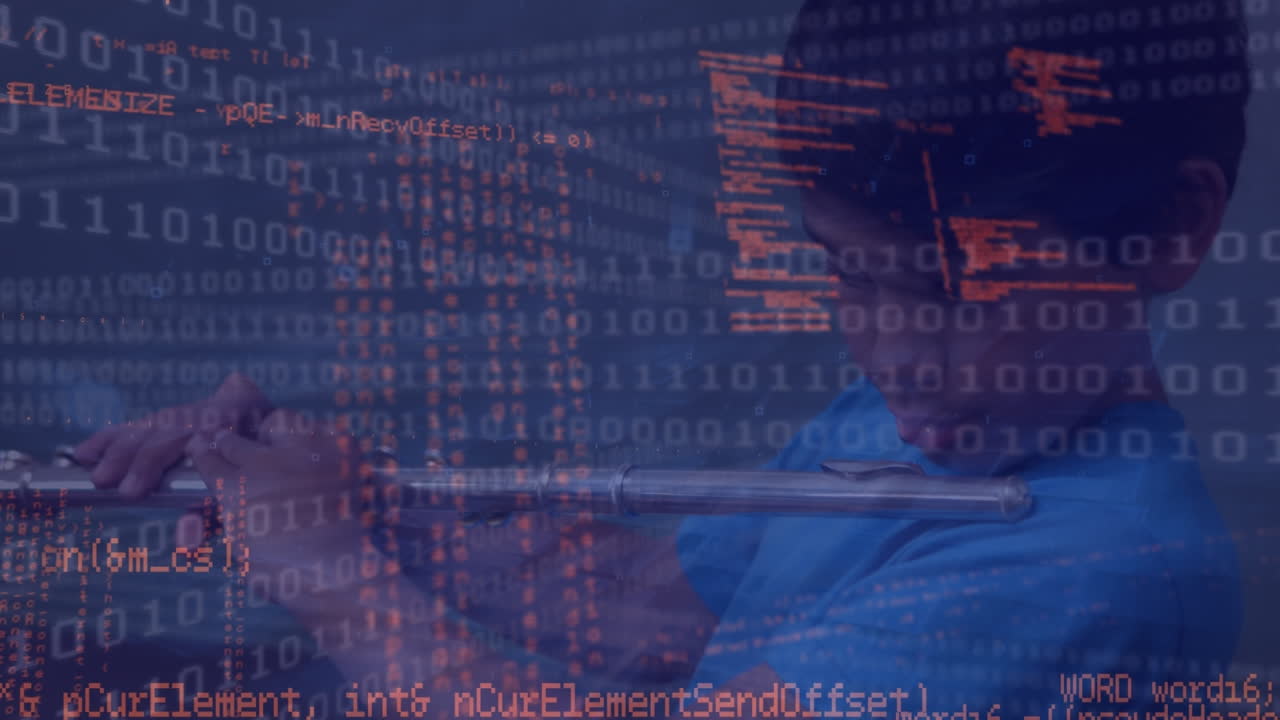 animación de codificación binaria y procesamiento de datos sobre un niño indio tocando la flauta en la escuela