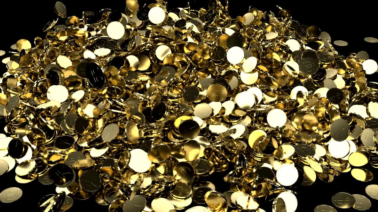 금 동전, 달러, 엔, 유로가 무더기로 떨어집니다.