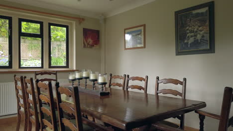 right to left pan of a dining room in a family home in slow motion