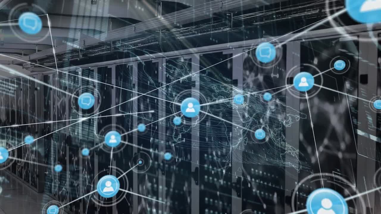 Animation of network of connections with icons and data processing over server room