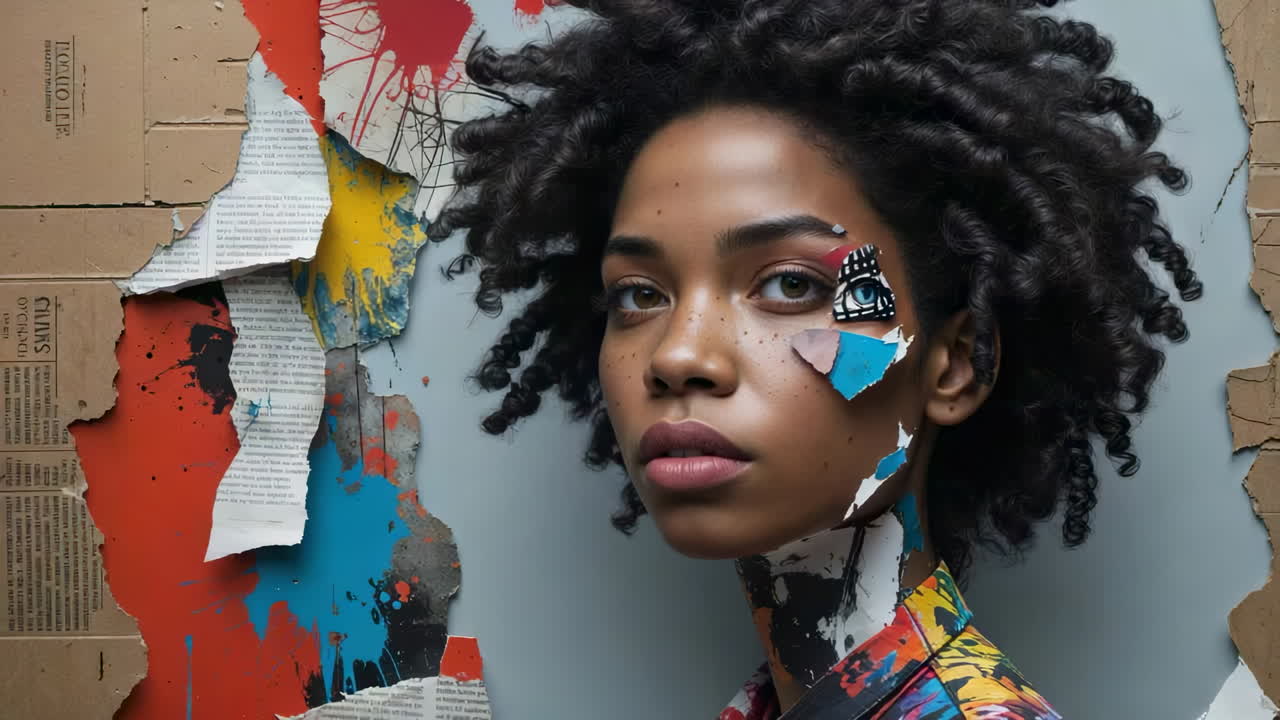 Creative Portrait of a Woman with Abstract Paint and Collage Elements