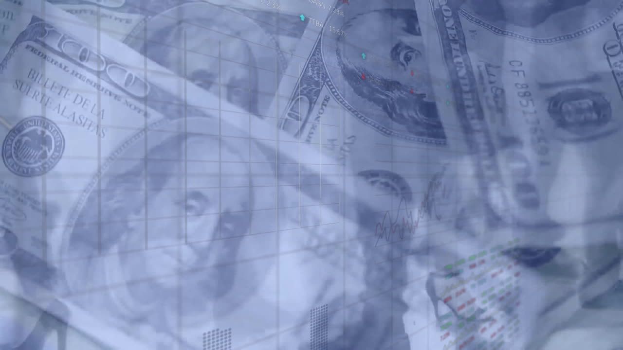 Animation of data processing and walking people over banknotes