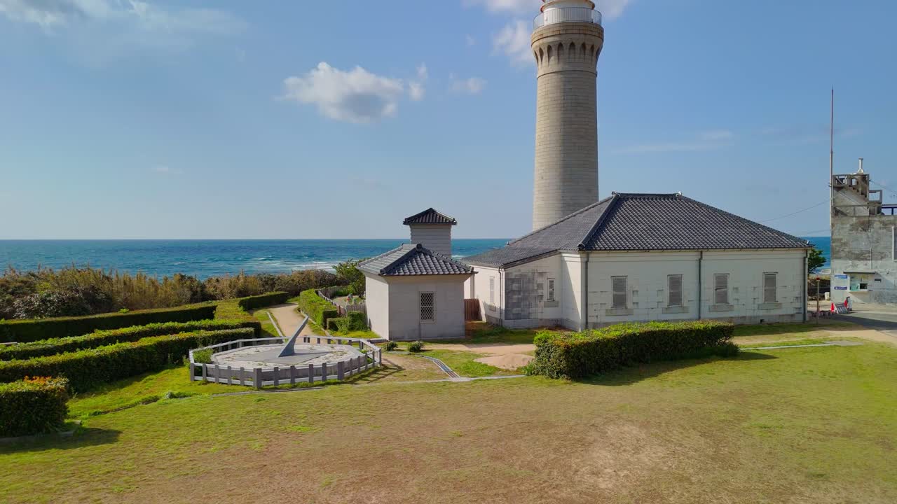 A beautiful drone shot ascends over a coastal park to reveal a tall, historic lighthouse standing against the backdrop of the ocean on a bright and sunny day