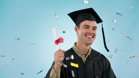 graduación, educación y hombre con confeti