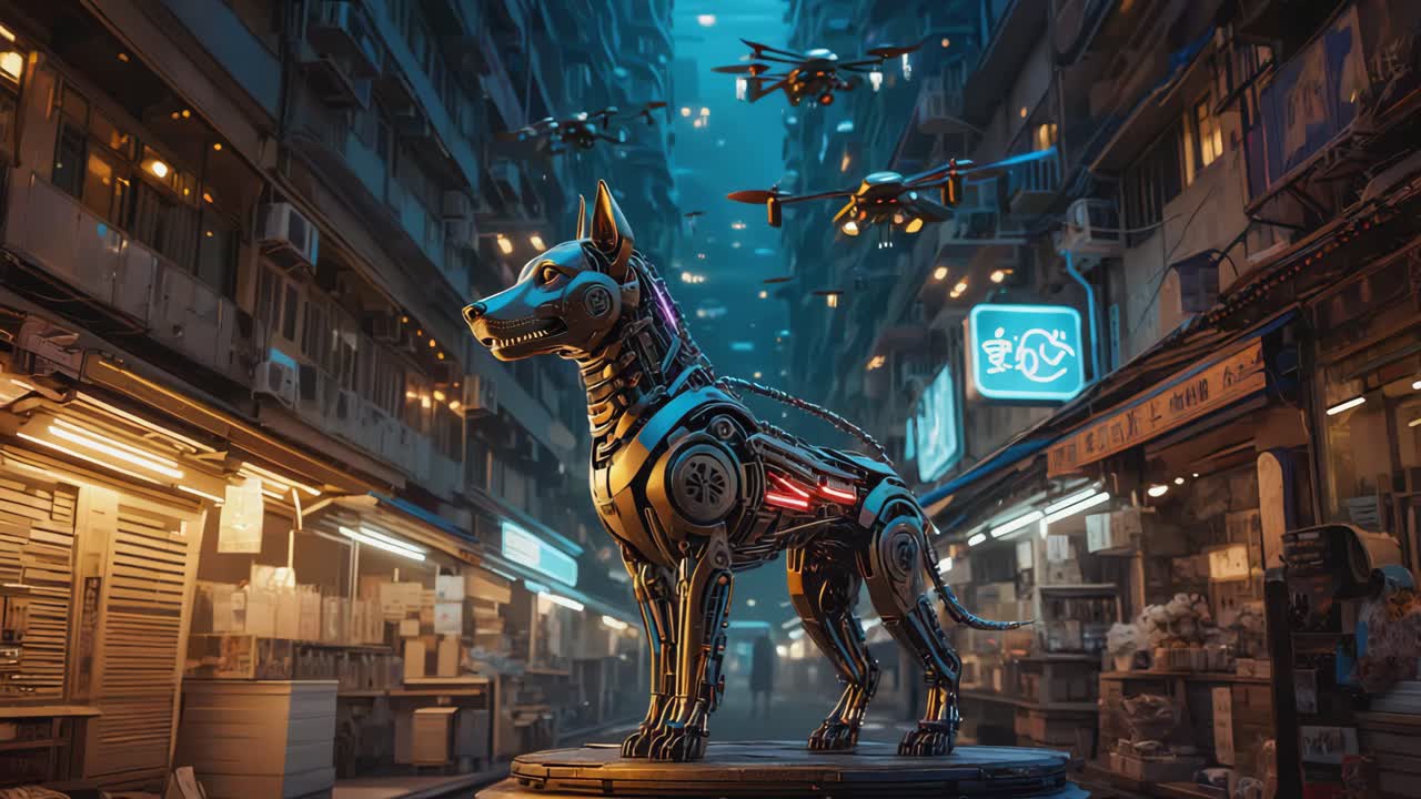 Cyberpunk Dog Robot in Futuristic City