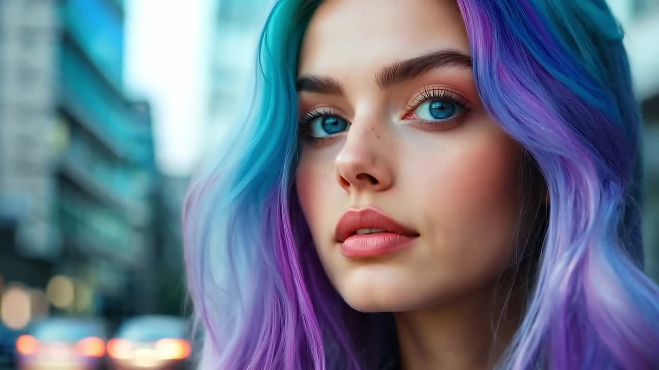 파란색과 보라색 머리카락을 가진 여자가 카메라를 보고 있다