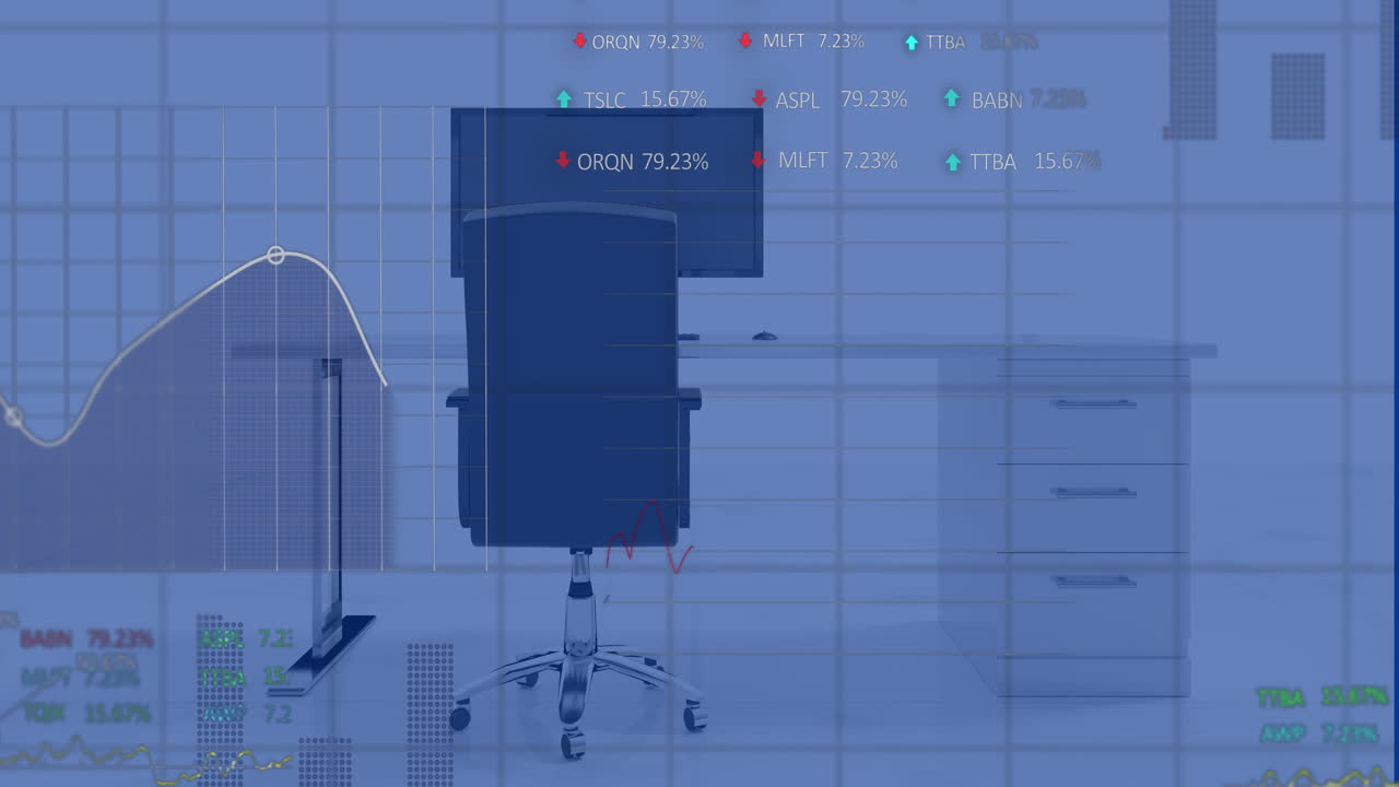 animación del procesamiento de datos financieros en la oficina con computadora en el escritorio
