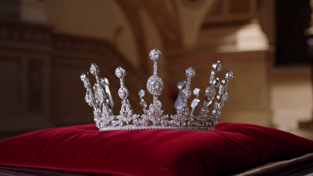 Corona di cristallo che riposa su velluto rosso, posta su uno sfondo di sontuoso interno di palazzo con un caldo spotlight e ombre morbide.