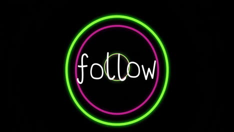 animation of neon green and purple circle with follow text on black background