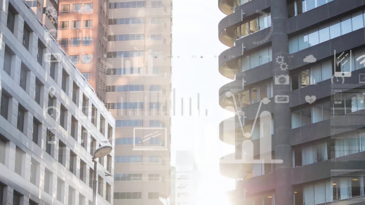 도시 풍경 위의 금융 데이터 처리 애니메이션