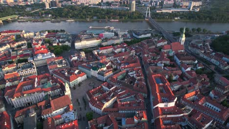 aerial tilting shot overhead the stunning city of downtown bratislava, slovakia