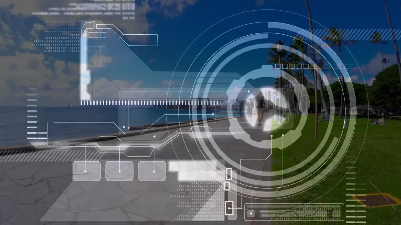 해변에서 달리는 적합한 사람에 대한 데이터 처리 애니메이션