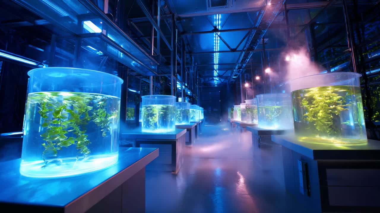 An Enigmatic Laboratory with Lit Aquatic Vessels Featuring Lush Greenery in a High-Tech Environment Surrounded by Vapors, Illuminated by Cool Blue and Green Lighting for a Futuristic Aesthetic
