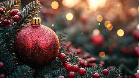 sparkling red ornament hanging on pine branches in soft holiday light