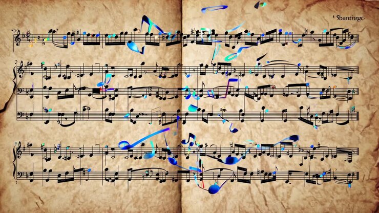 Overhead shot of vintage sheet music with colorful musical notes overlay, creating a dynamic