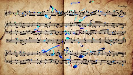 overhead shot of vintage sheet music with colorful musical notes overlay, creating a dynamic