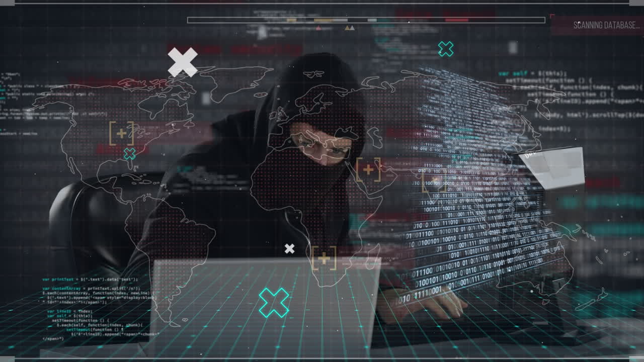 animazione dell'elaborazione dei dati e della mappa del mondo su hacker maschio caucasico