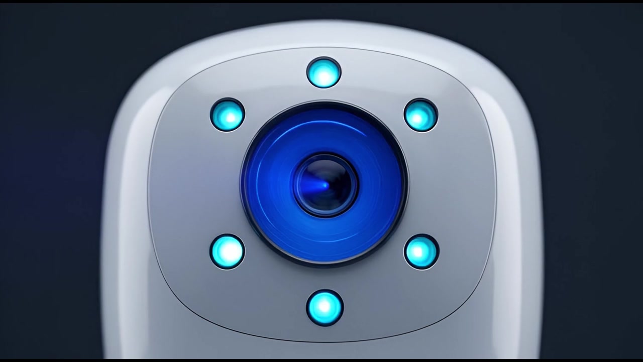 Dispositivo futuristico con luci blu lampeggianti e obiettivo della fotocamera