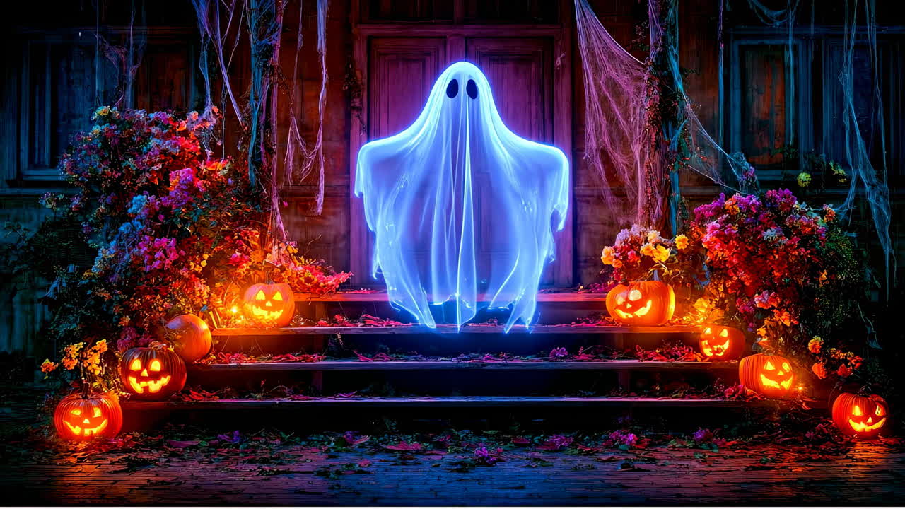 Spøkelse ved verandaen på Halloween. Et glødende spøkelse står på en veranda omgitt av utskårne gresskar og livlige høstblomster under Halloween-natten