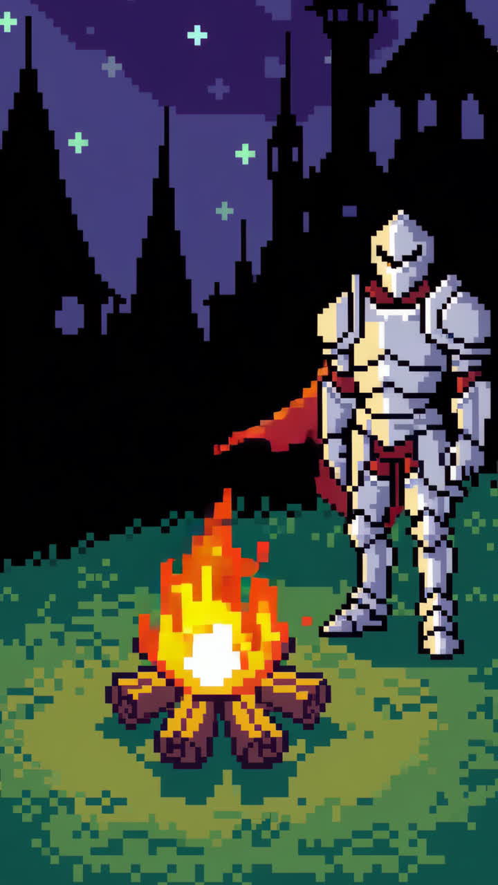Pixel Art Knight by a Campfire at Night