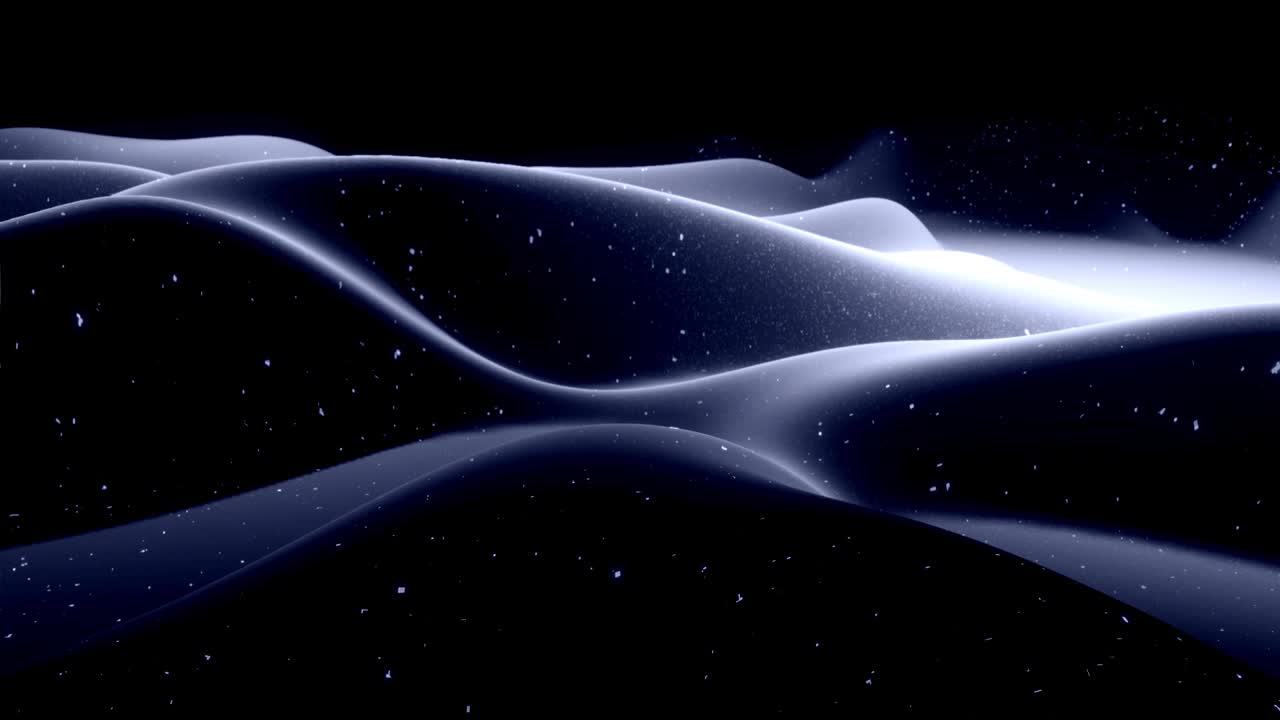 Stylish festive black bg. Fantastical abstract looped background, waves move on glossy surface like landscape made of liquid blue wax with sparkles. Beautiful soft background with smooth animation 4k