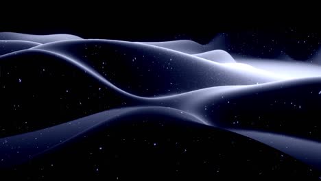 stylish festive black bg. fantastical abstract looped background, waves move on glossy surface like landscape made of liquid blue wax with sparkles. beautiful soft background with smooth animation 4k