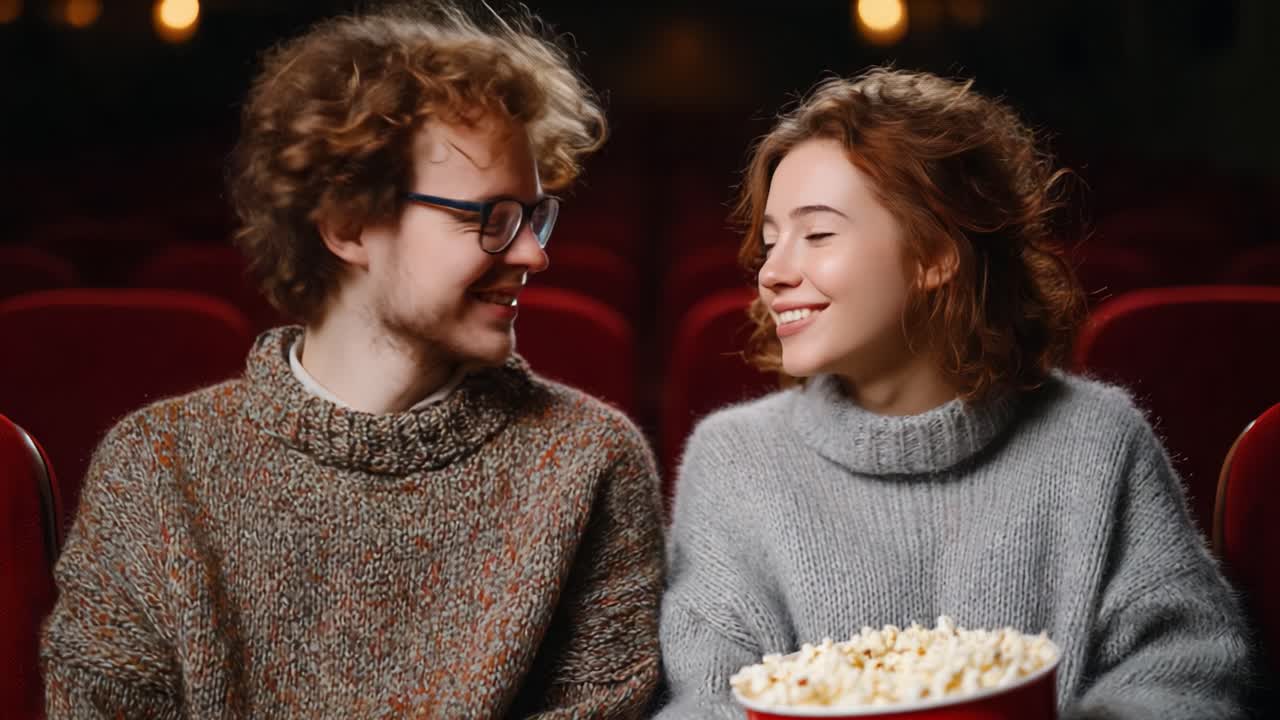 A Charming Moment: Two Friends Film-Side Sharing Smiles and Excitement, Enjoying an Engaging Movie with a Bowl of Popcorn in a Cozy Theater Atmosphere