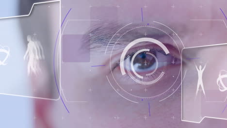 animación del ojo marrón del hombre caucásico escaneo con pantalla digital y anatomía humana gráfica