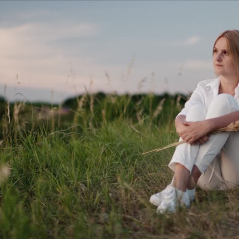 a woman in a white suit sits on a hill admiring the sunset 3