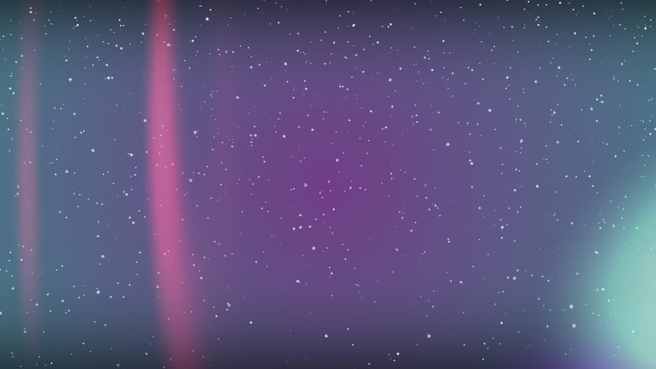 Animation of snow falling over changing pink, violet and green background