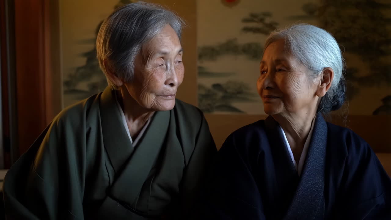 Two elderly Asian women in traditional attire