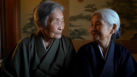 two elderly asian women in traditional attire
