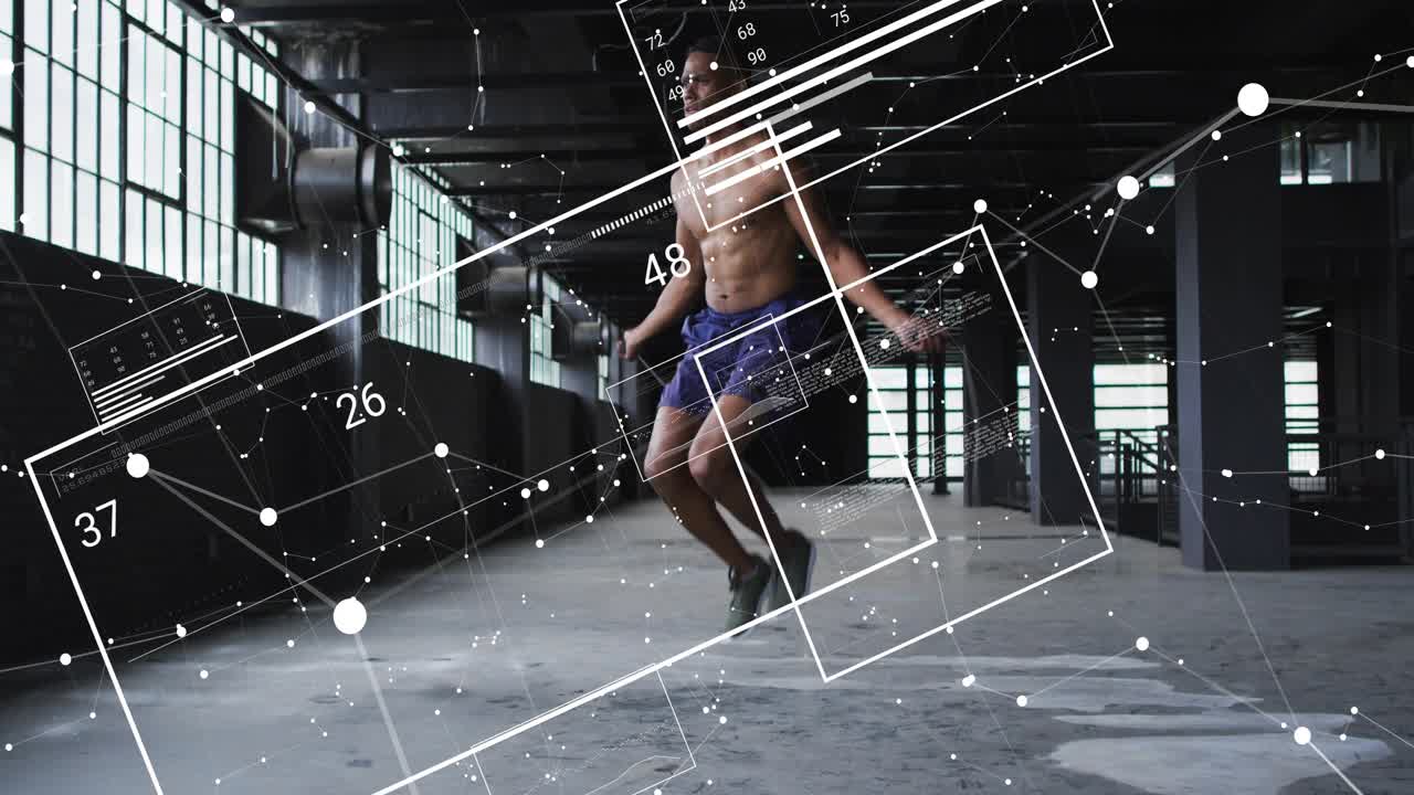 Male trainer lifting foot, retrieving jump rope and jumping, HUD panels tracking fitness metrics