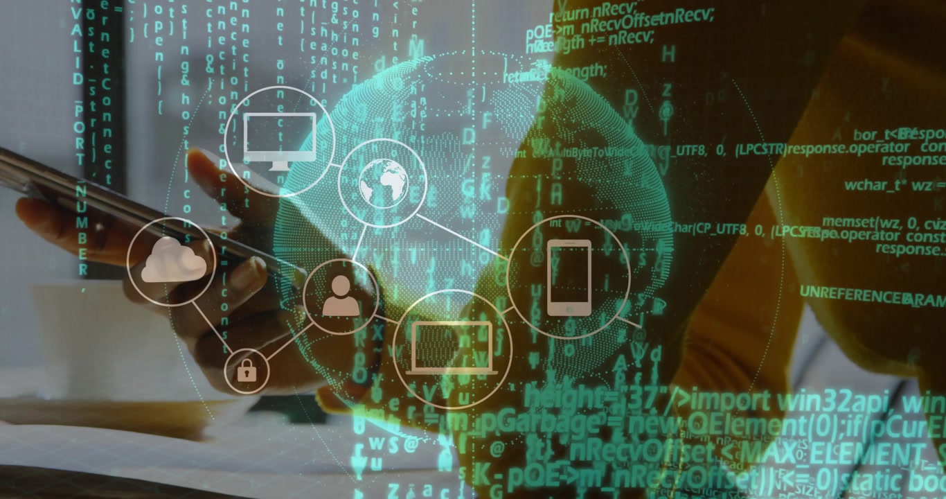 Digital network icons and data processing animation over person using smartphone