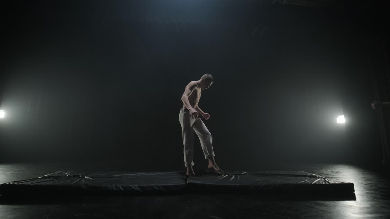 Lottatori di Capoeira che eseguono mosse dinamiche sul palco. Arti marziali, danza e acrobazie in azione. Atleti a torso nudo che mostrano forza, flessibilità e tecnica sotto i riflettori