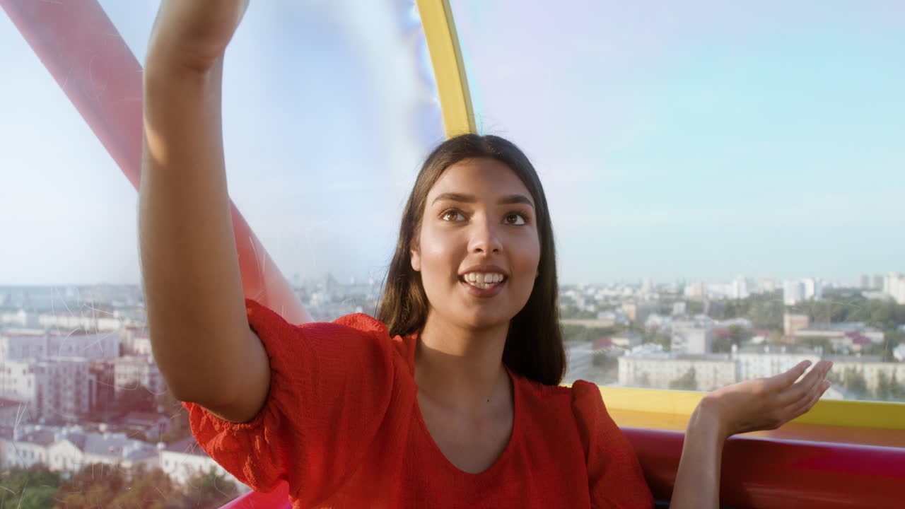 Happy woman recording video