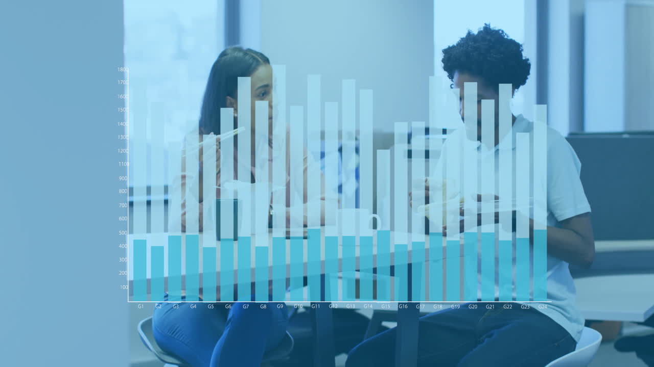 Business colleagues discussing over financial bar graph animation in modern office