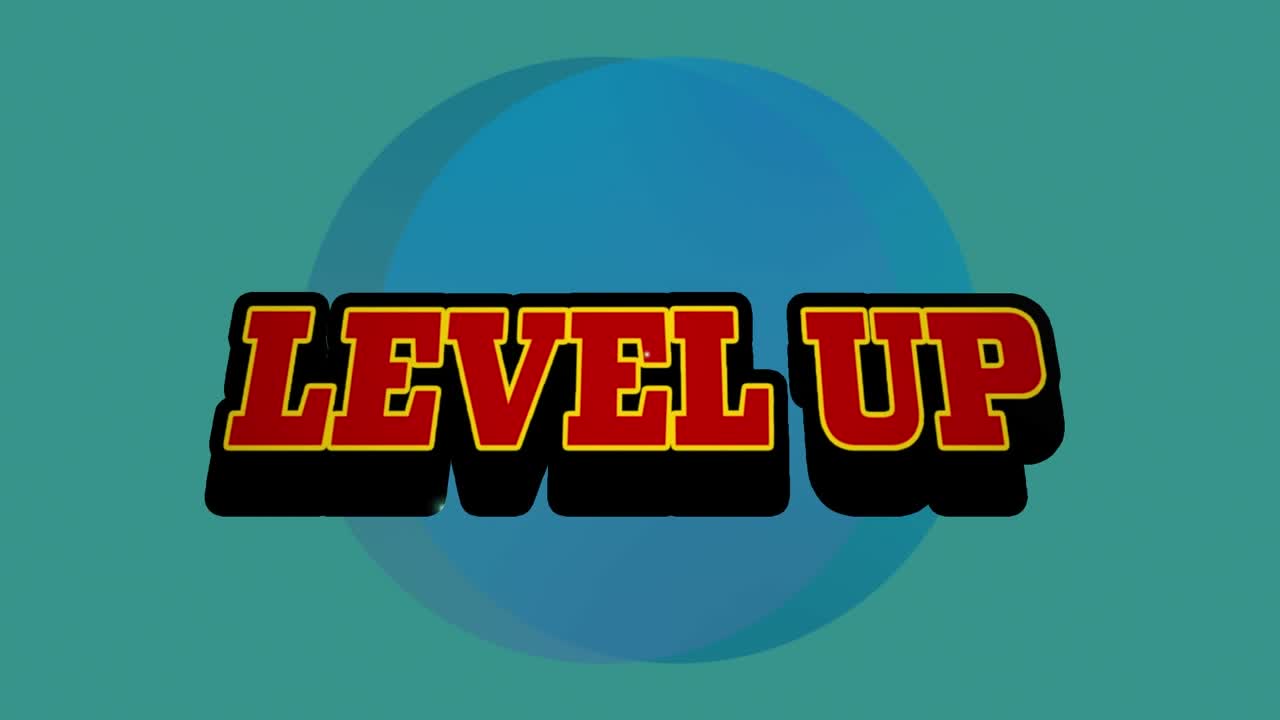 Animation of level up text over pattern on green background