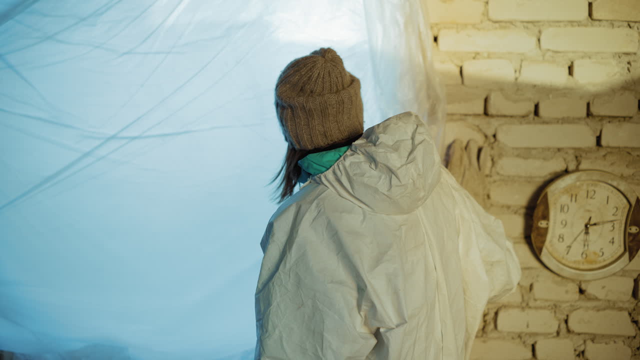Rear view of war survivor in protective coat and wool hat staring at blue light through curtain beside old wall clock, symbolizing fear, waiting, survival, and hope inside abandoned building