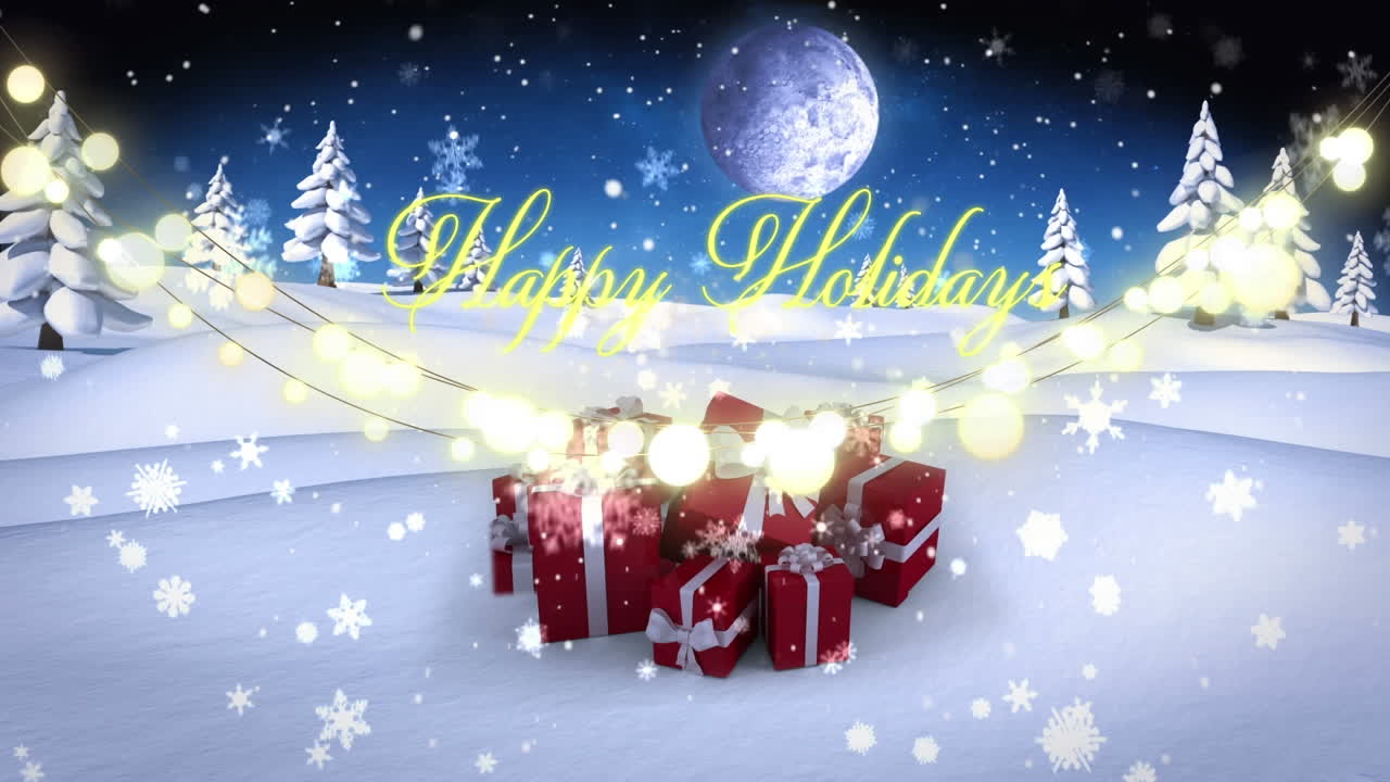 크리스마스 선물과 겨울 풍경 위에 요정 불빛으로 행복한 휴일 텍스트의 애니메이션