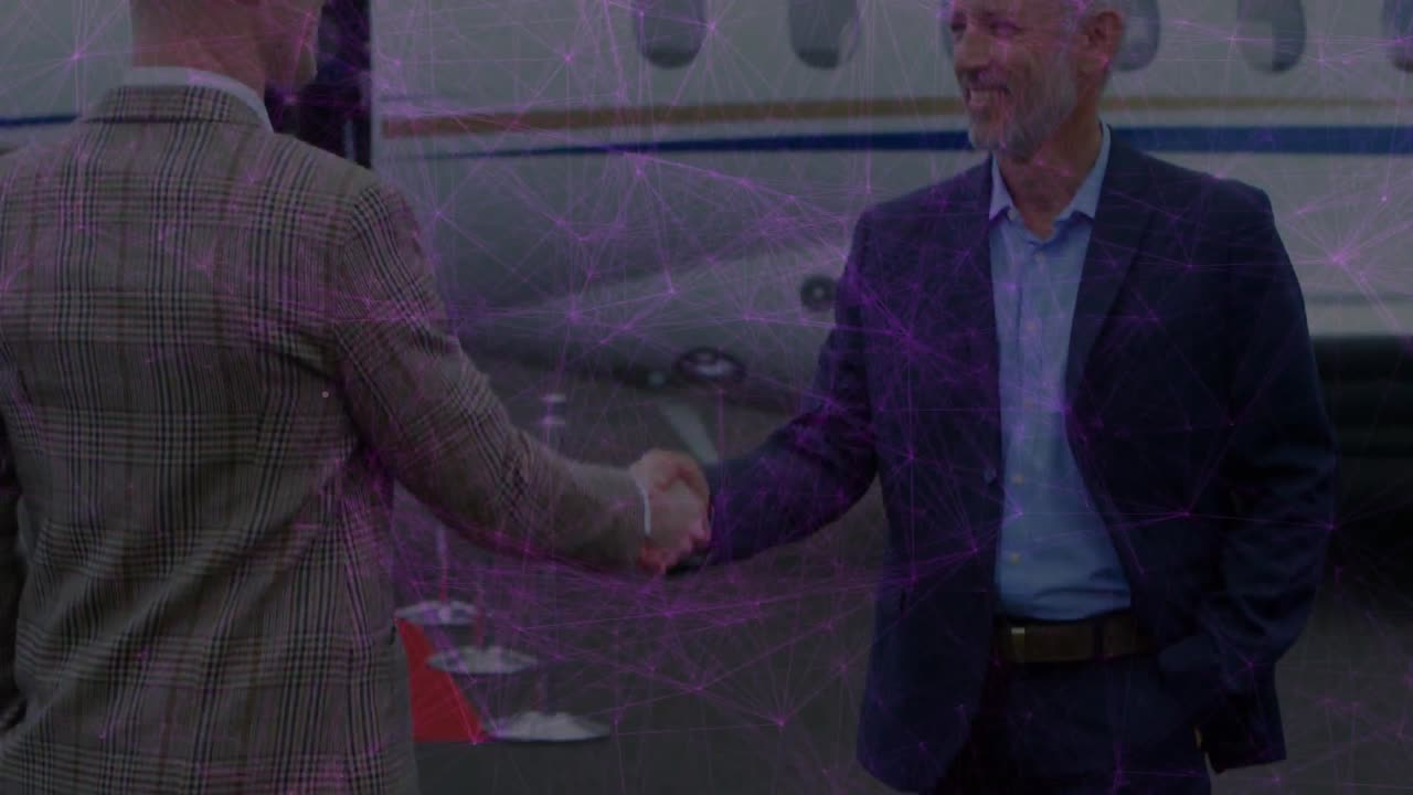 Animation of network of connections over businessmen by plane