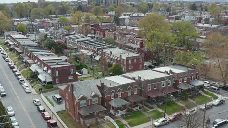aerial of brick and brown stone houses in urban city in usa