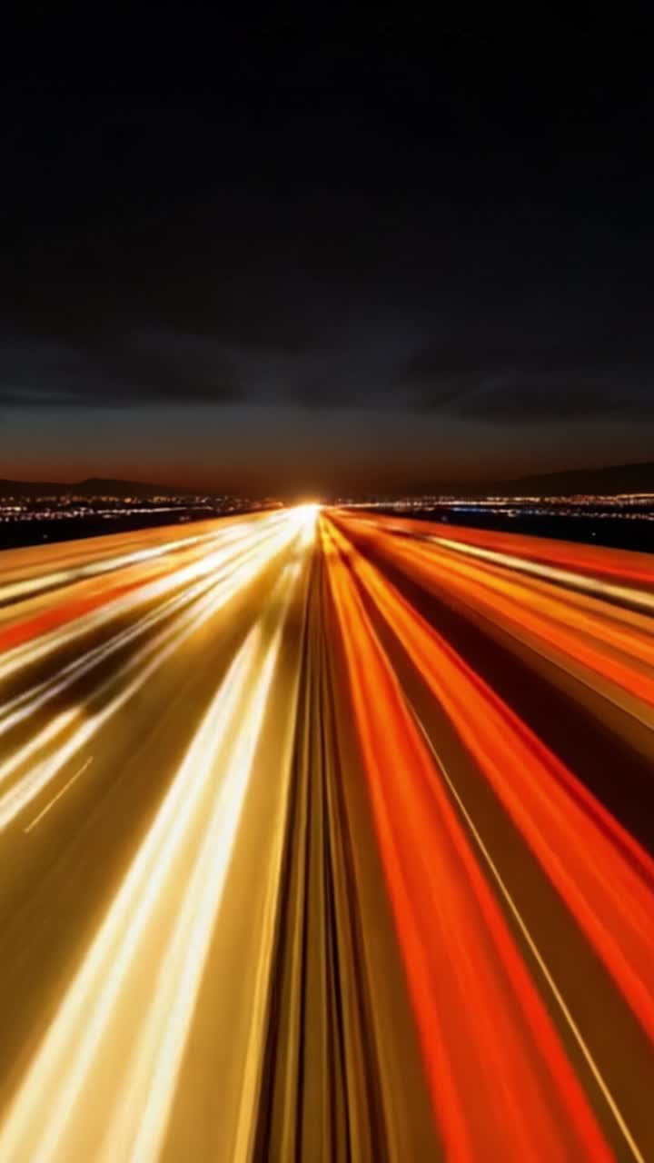 Viaggio dinamico nel tempo: catturando il movimento energico di scie luminose illuminate su un'autostrada al tramonto, enfatizzando velocità e vivacità.