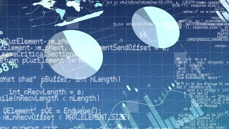 Animation of financial data processing over dark background