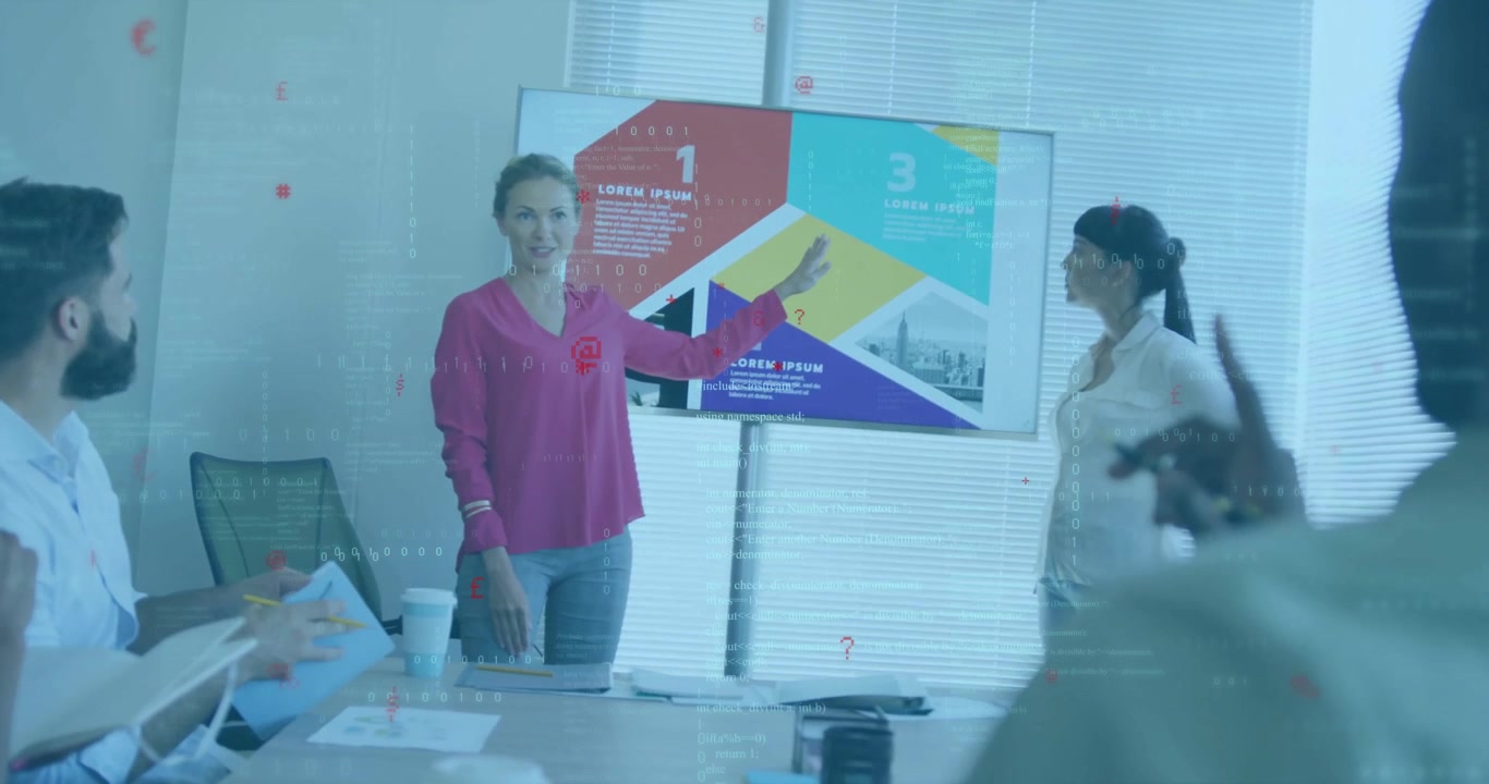 Pointing infographic on display presenter leading business discussion while colleague noting points